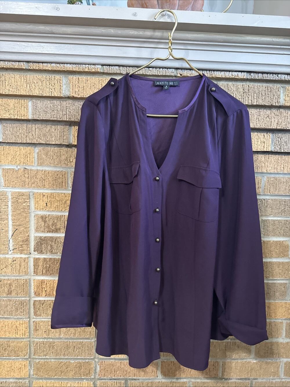 Lafayette 148 New York Plum Button Down Blouse Women 18 Satin Trim 100% Silk